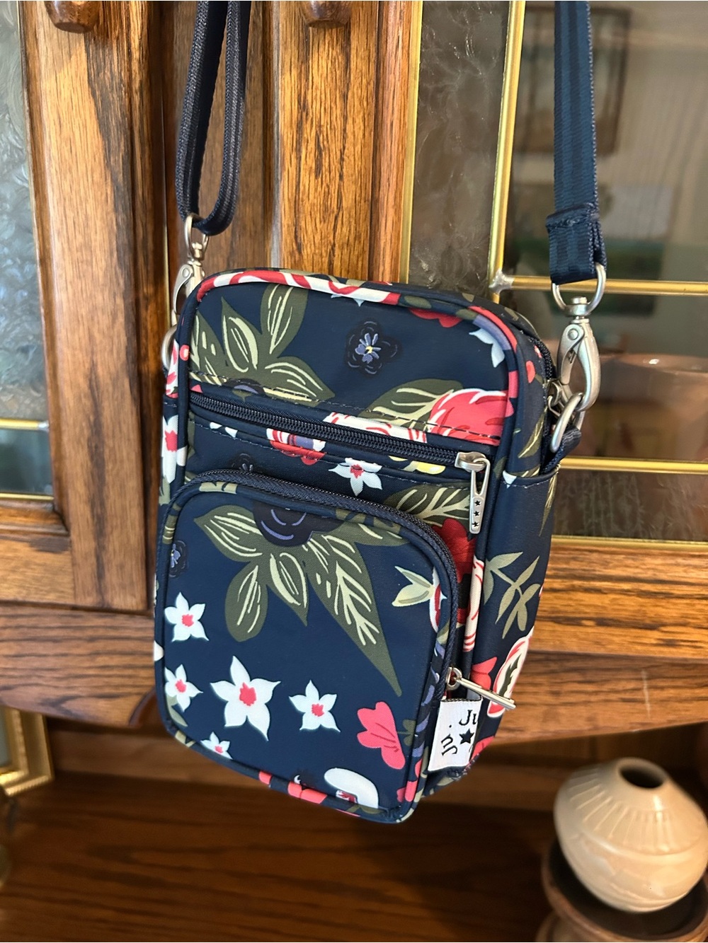 Ju-Ju-Be Navy Floral Mini Crossbody Bag with Coral Accents